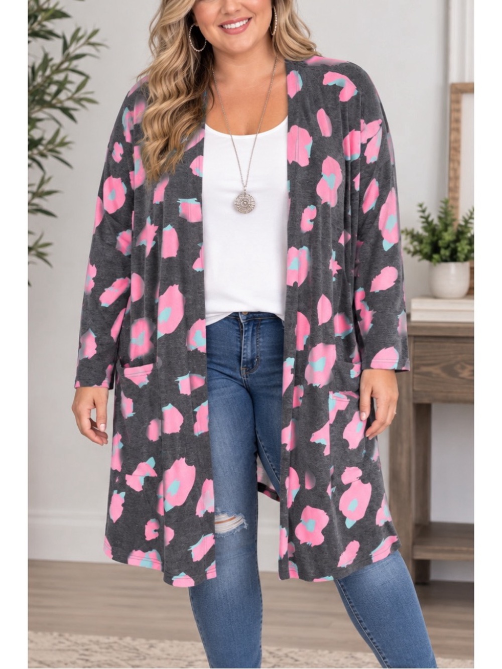 Southern Stitch Dark Gray Pink & Blue Leopard print cardigan